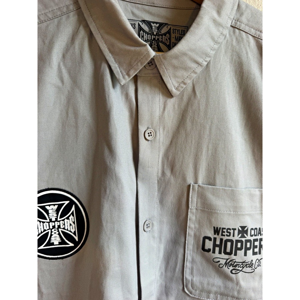 NWOT West Coast Choppers Mens M Gray Cotton Twill Graphic Button Up Shirt Pocket